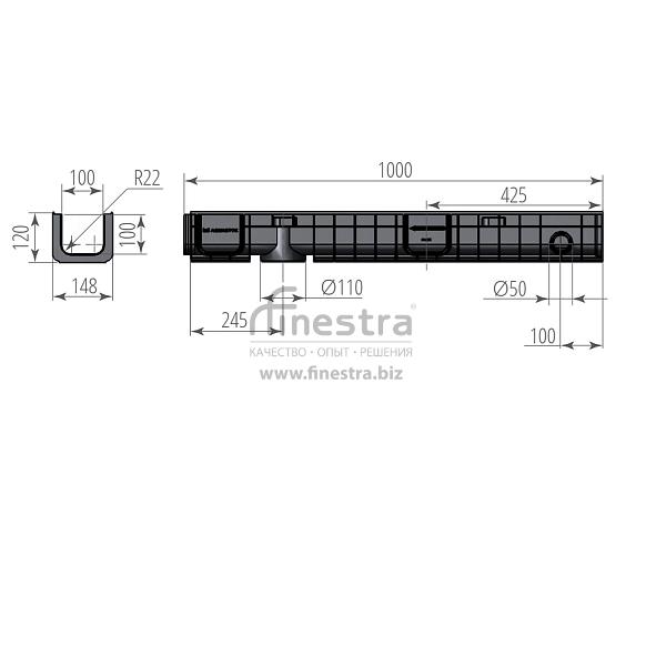 Лоток водоотводный пластиковый DN100 H120 Aquastok Norma 1000х148х120мм 11012